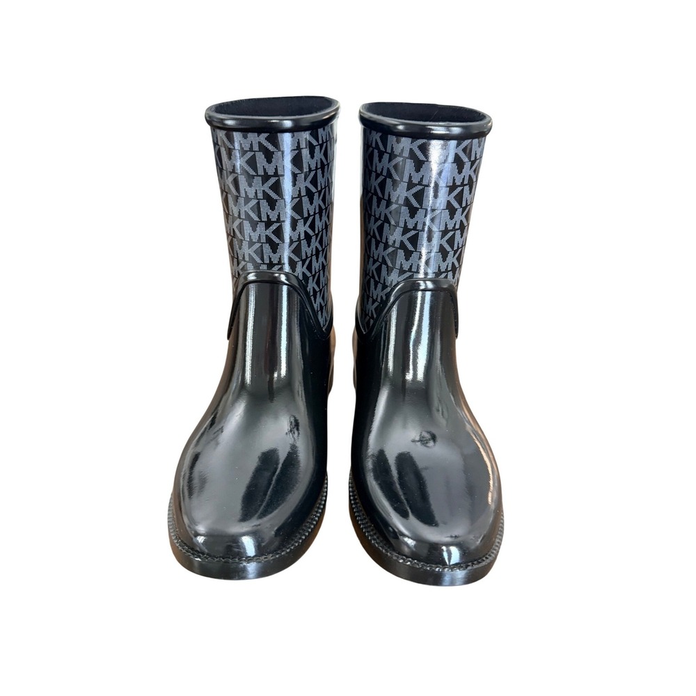 Michael Kors Womens Sutter Black Monogram Logo Glossy Rubber Rain Boots Size 6